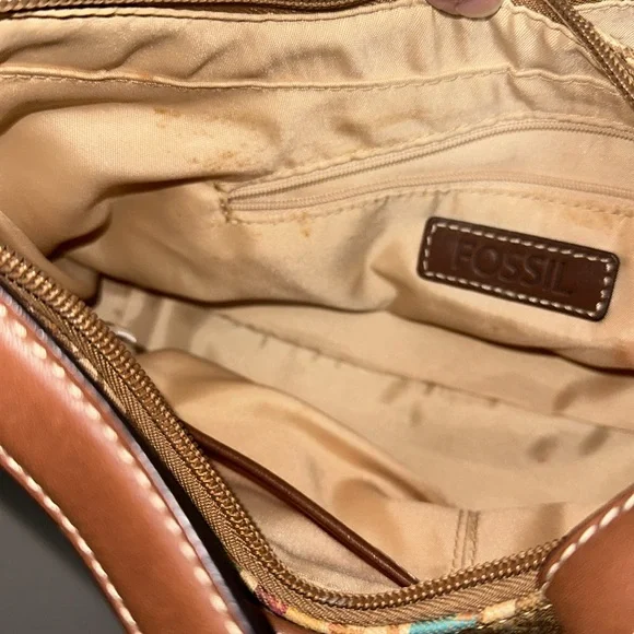 Fossil Shoulder Bag Brown Leather Monogram and Striped Canvas - Picture 10 of 15